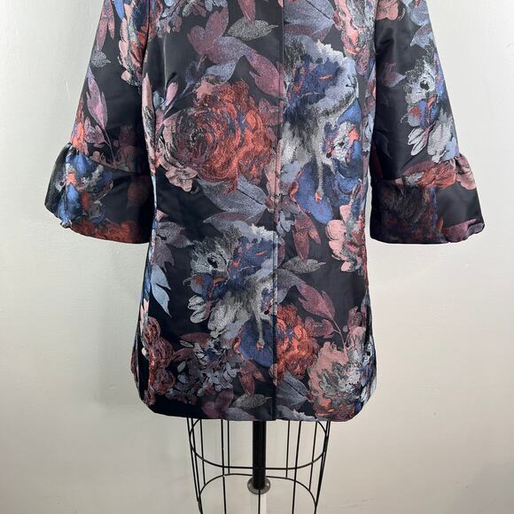 3 Sisters Multi Jacket Floral V-Neck Button Front Ruffle 3/4 Sleeve Size Large L - Picture 3 of 10